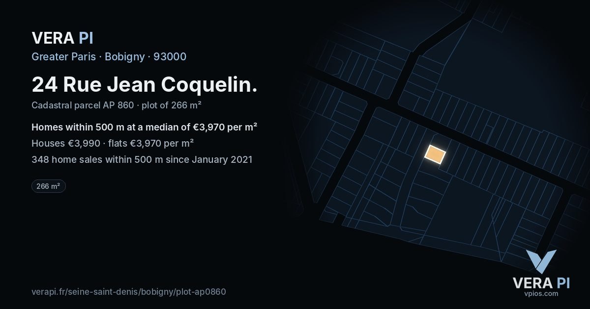 24 Rue Jean Coquelin, Bobigny at night – the plot lit, the parcels around coloured by the prices near them