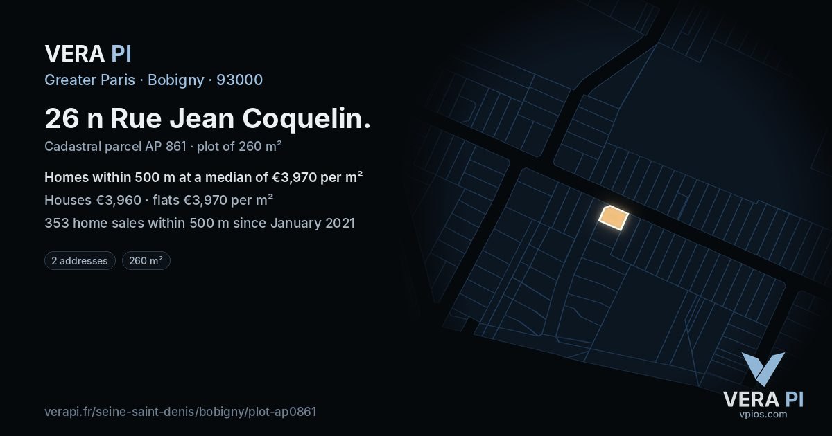 26 n Rue Jean Coquelin, Bobigny at night – the plot lit, the parcels around coloured by the prices near them