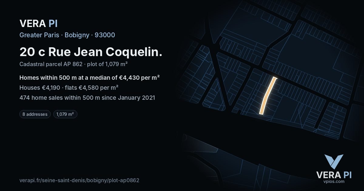 20 c Rue Jean Coquelin, Bobigny at night – the plot lit, the parcels around coloured by the prices near them