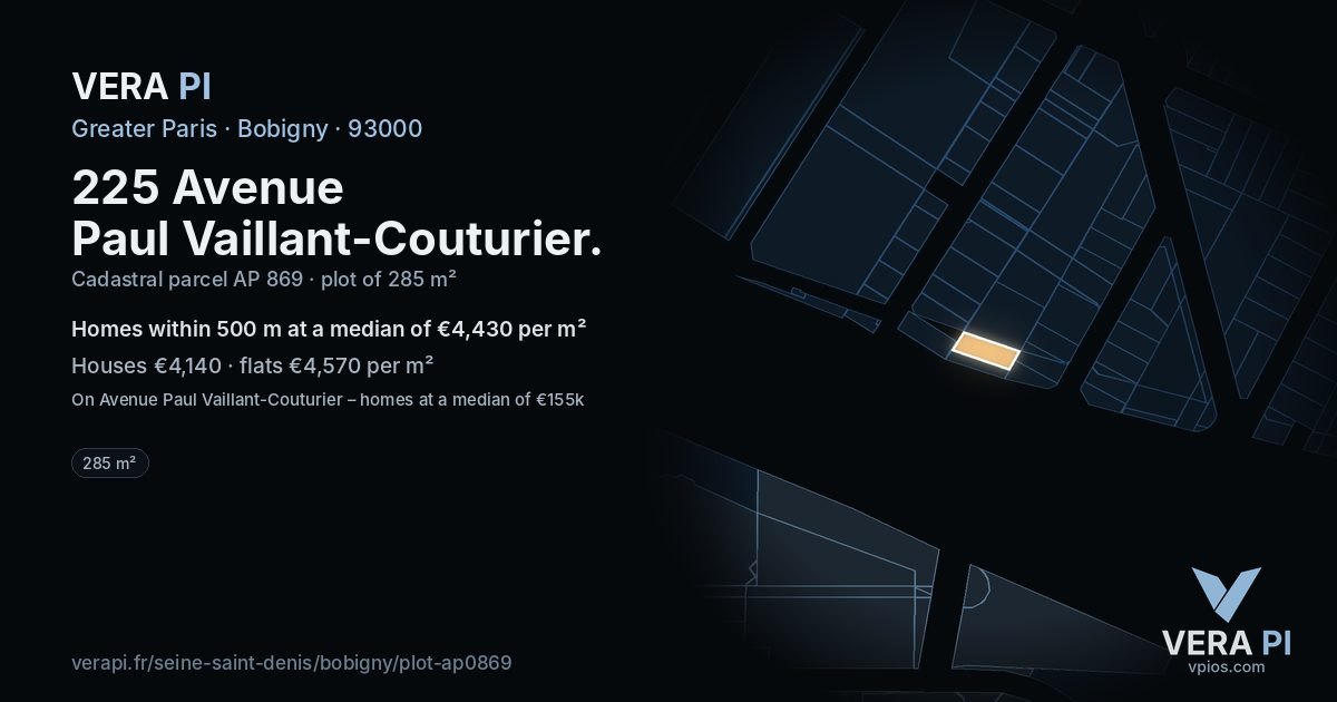 225 Avenue Paul Vaillant-Couturier, Bobigny at night – the plot lit, the parcels around coloured by the prices near them