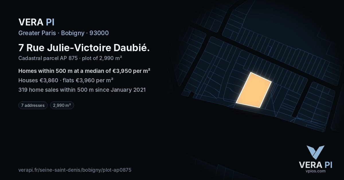 7 Rue Julie-Victoire Daubié, Bobigny at night – the plot lit, the parcels around coloured by the prices near them