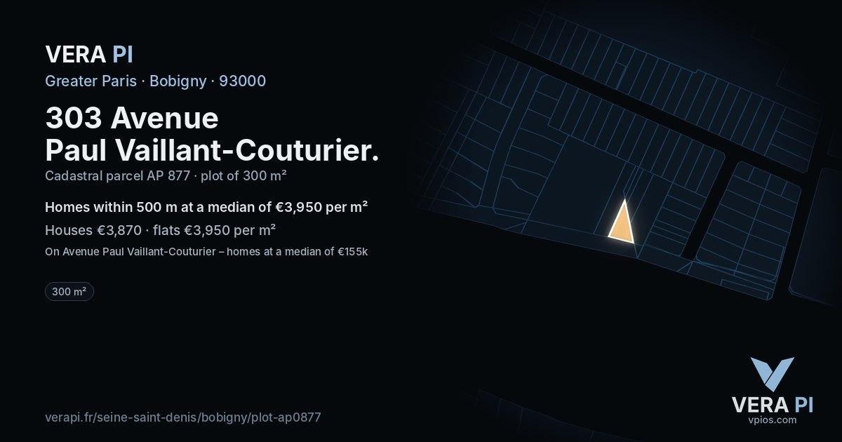 303 Avenue Paul Vaillant-Couturier, Bobigny at night – the plot lit, the parcels around coloured by the prices near them