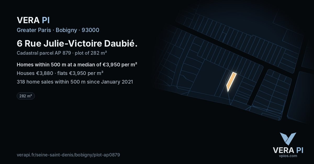 6 Rue Julie-Victoire Daubié, Bobigny at night – the plot lit, the parcels around coloured by the prices near them
