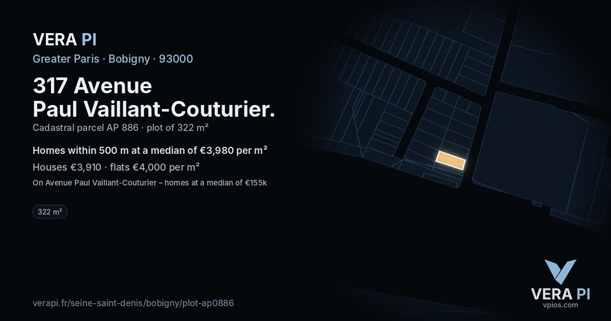 317 Avenue Paul Vaillant-Couturier, Bobigny at night – the plot lit, the parcels around coloured by the prices near them