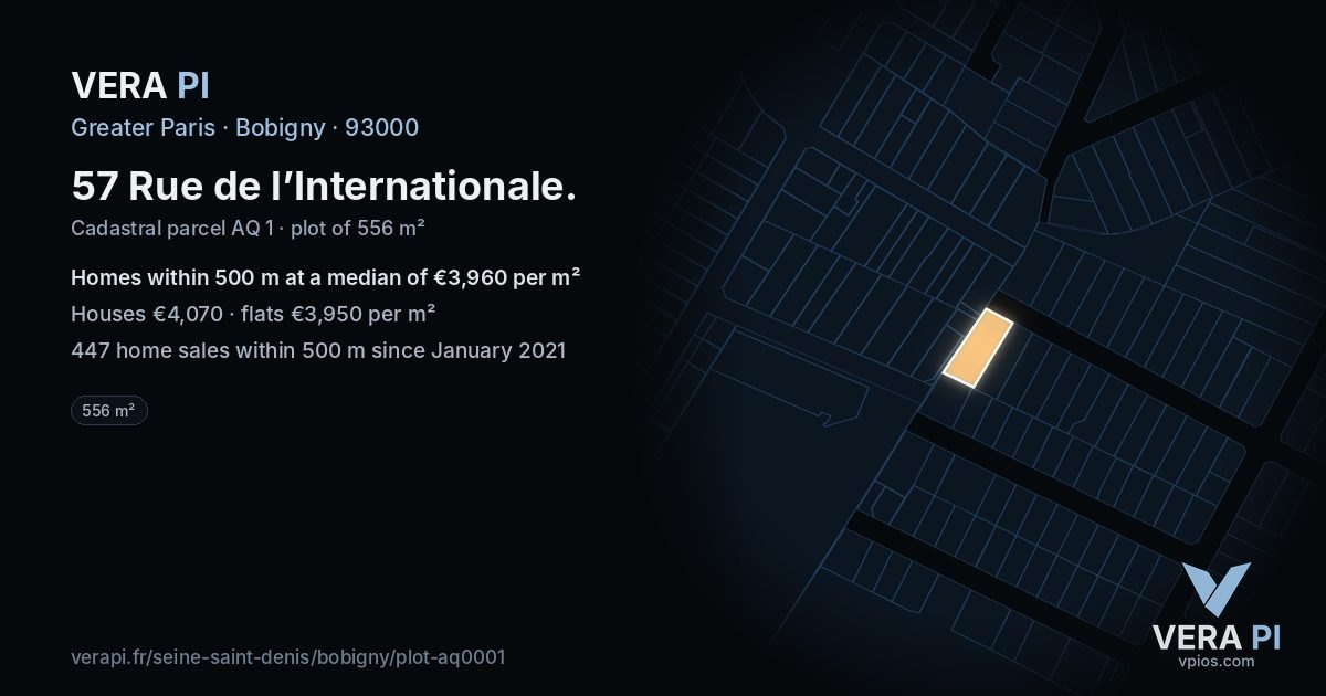57 Rue de l’Internationale, Bobigny at night – the plot lit, the parcels around coloured by the prices near them