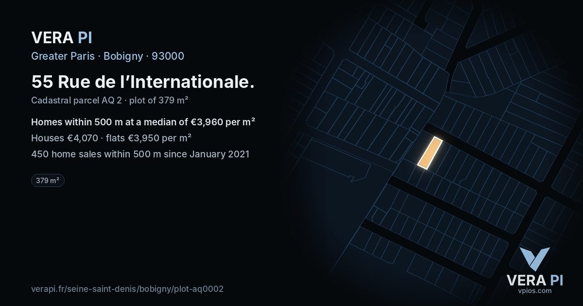 55 Rue de l’Internationale, Bobigny at night – the plot lit, the parcels around coloured by the prices near them