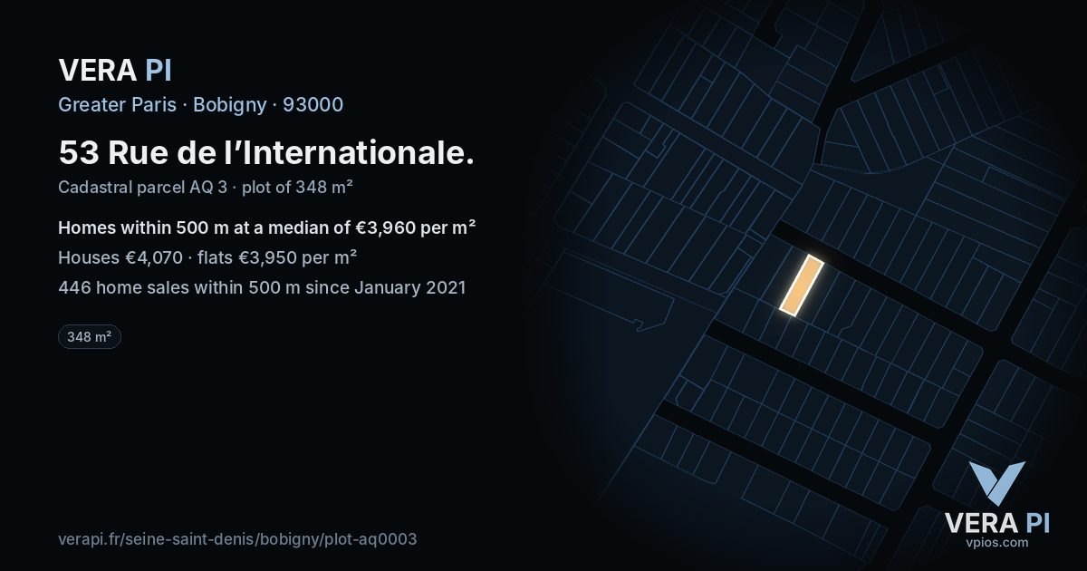 53 Rue de l’Internationale, Bobigny at night – the plot lit, the parcels around coloured by the prices near them