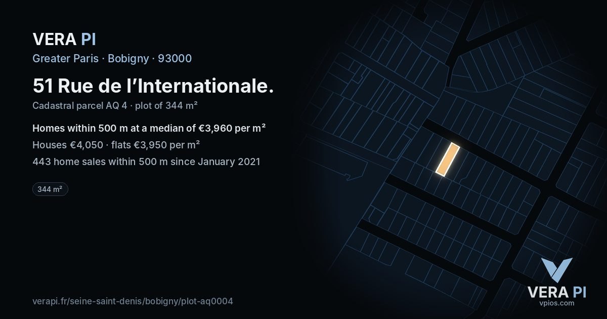 51 Rue de l’Internationale, Bobigny at night – the plot lit, the parcels around coloured by the prices near them