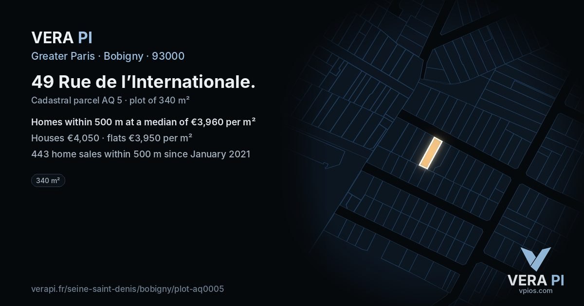 49 Rue de l’Internationale, Bobigny at night – the plot lit, the parcels around coloured by the prices near them
