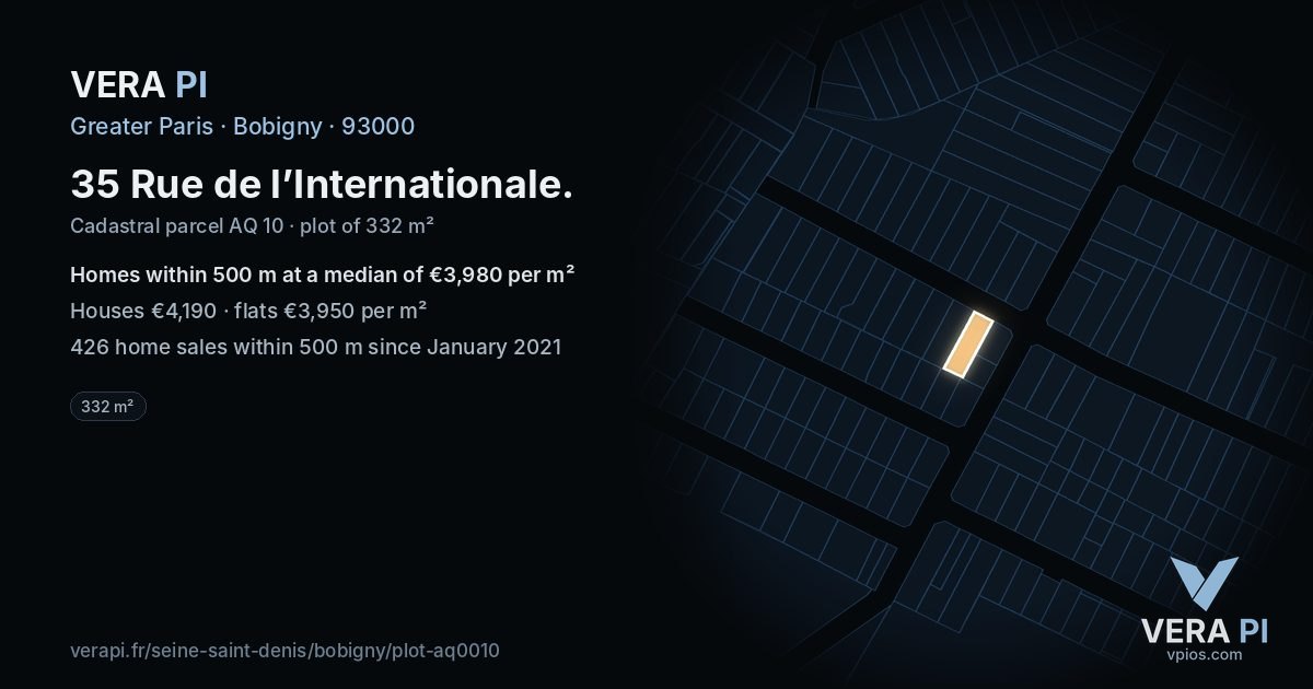 35 Rue de l’Internationale, Bobigny at night – the plot lit, the parcels around coloured by the prices near them