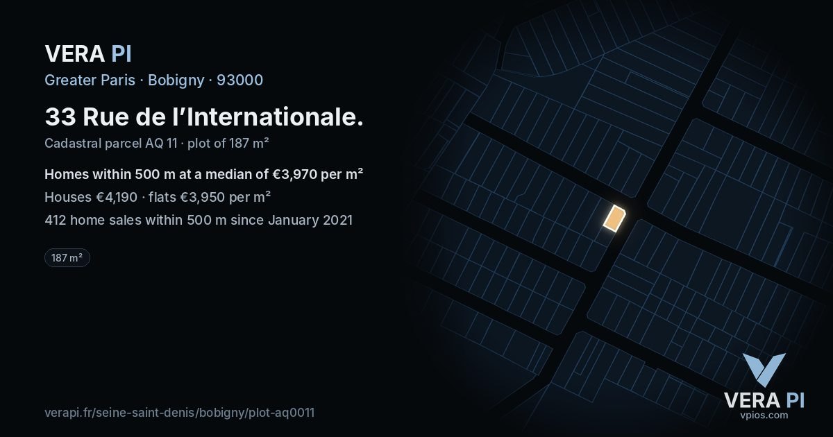 33 Rue de l’Internationale, Bobigny at night – the plot lit, the parcels around coloured by the prices near them