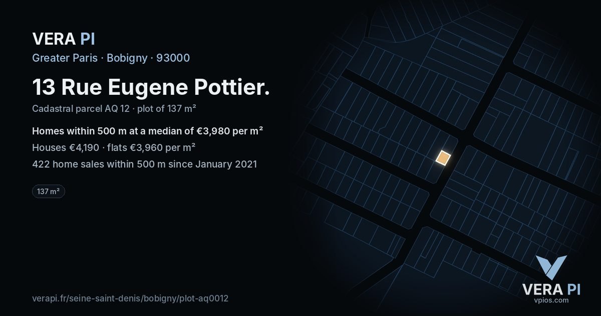 13 Rue Eugene Pottier, Bobigny at night – the plot lit, the parcels around coloured by the prices near them