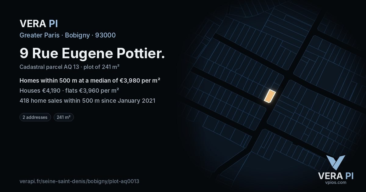 9 Rue Eugene Pottier, Bobigny at night – the plot lit, the parcels around coloured by the prices near them