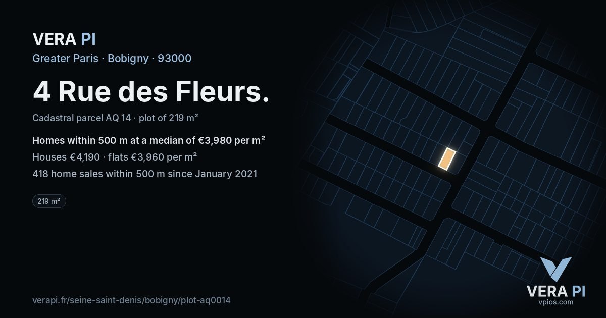 4 Rue des Fleurs, Bobigny at night – the plot lit, the parcels around coloured by the prices near them