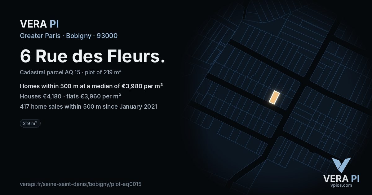 6 Rue des Fleurs, Bobigny at night – the plot lit, the parcels around coloured by the prices near them