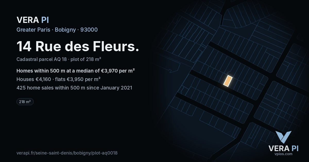14 Rue des Fleurs, Bobigny at night – the plot lit, the parcels around coloured by the prices near them
