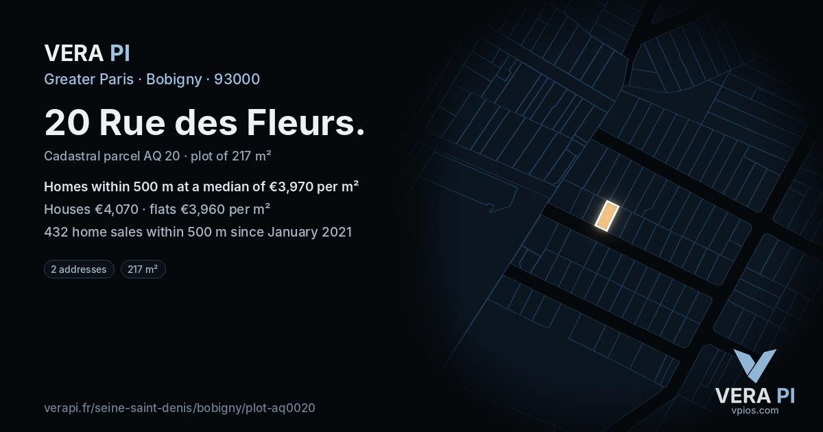 20 Rue des Fleurs, Bobigny at night – the plot lit, the parcels around coloured by the prices near them