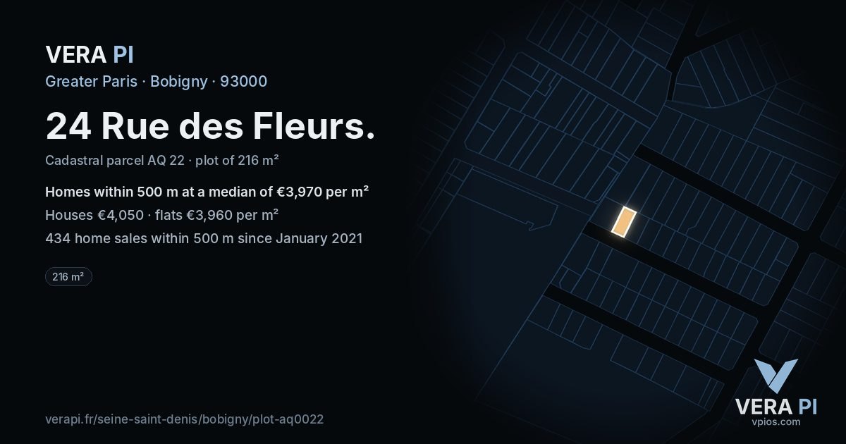24 Rue des Fleurs, Bobigny at night – the plot lit, the parcels around coloured by the prices near them