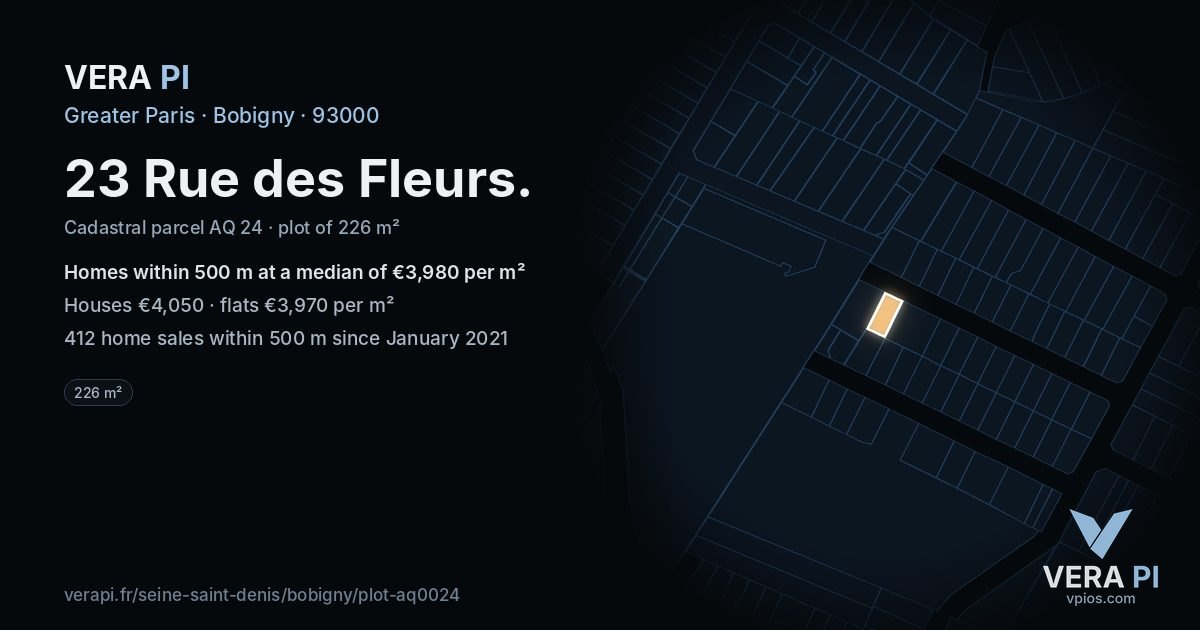 23 Rue des Fleurs, Bobigny at night – the plot lit, the parcels around coloured by the prices near them