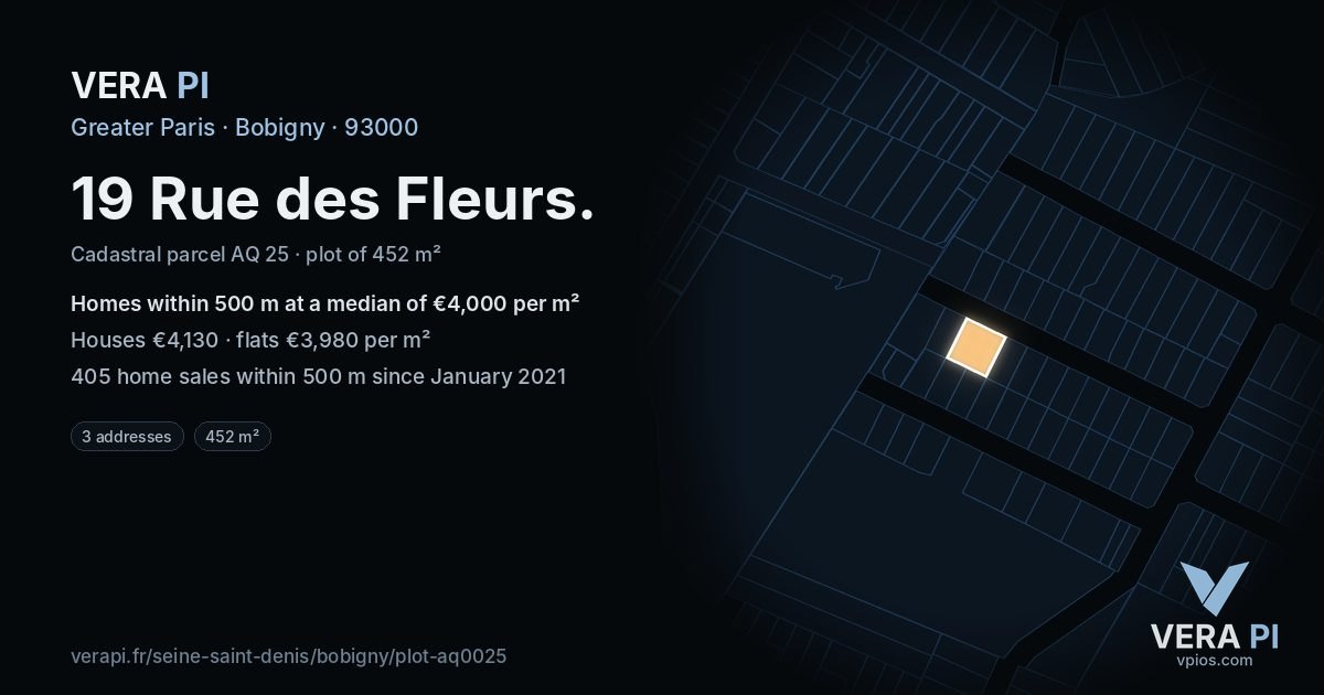 19 Rue des Fleurs, Bobigny at night – the plot lit, the parcels around coloured by the prices near them