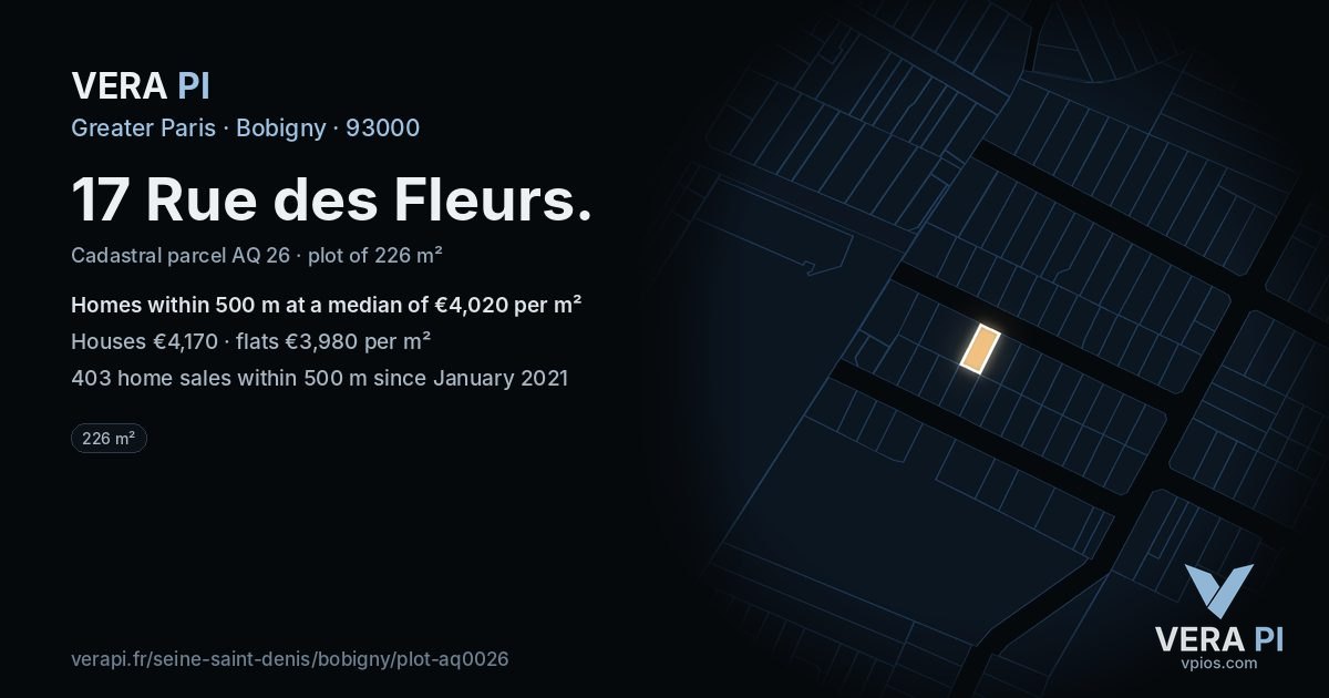 17 Rue des Fleurs, Bobigny at night – the plot lit, the parcels around coloured by the prices near them