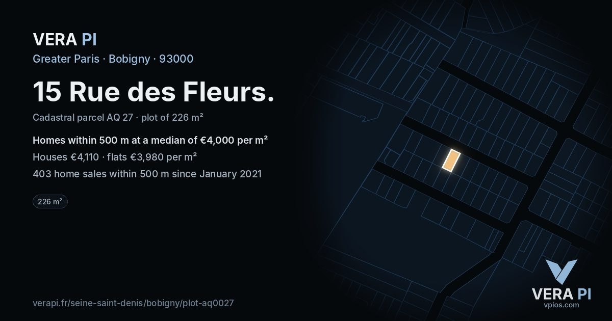 15 Rue des Fleurs, Bobigny at night – the plot lit, the parcels around coloured by the prices near them