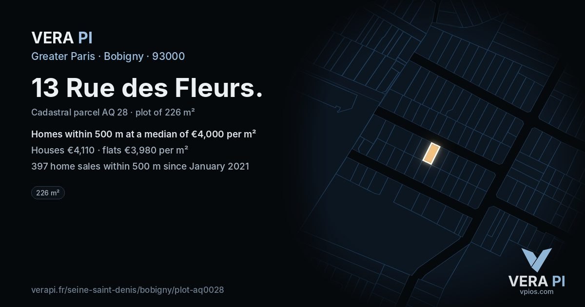 13 Rue des Fleurs, Bobigny at night – the plot lit, the parcels around coloured by the prices near them