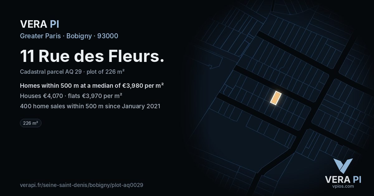 11 Rue des Fleurs, Bobigny at night – the plot lit, the parcels around coloured by the prices near them