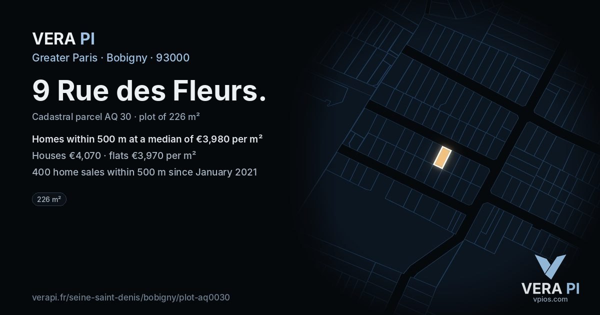 9 Rue des Fleurs, Bobigny at night – the plot lit, the parcels around coloured by the prices near them