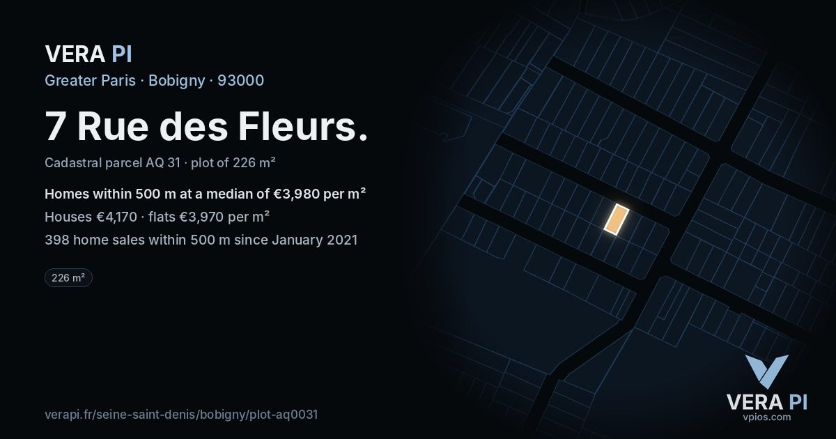 7 Rue des Fleurs, Bobigny at night – the plot lit, the parcels around coloured by the prices near them