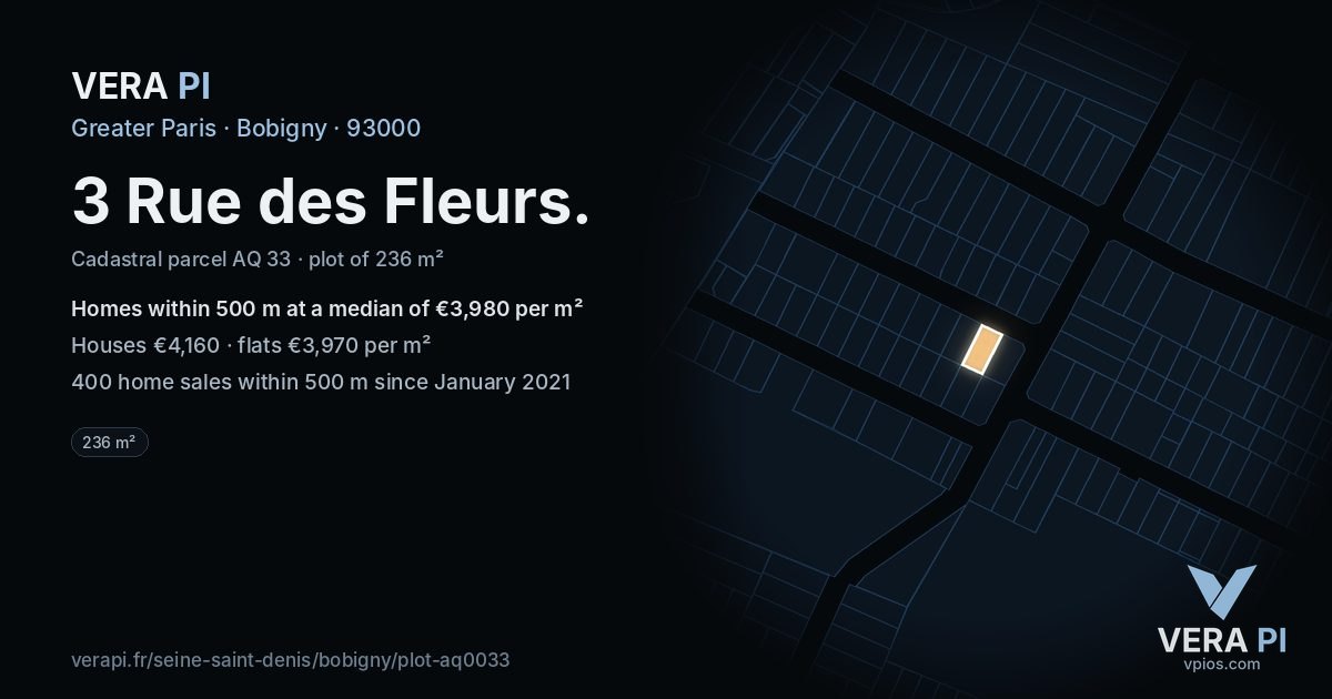 3 Rue des Fleurs, Bobigny at night – the plot lit, the parcels around coloured by the prices near them