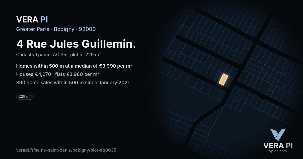 4 Rue Jules Guillemin, Bobigny at night – the plot lit, the parcels around coloured by the prices near them