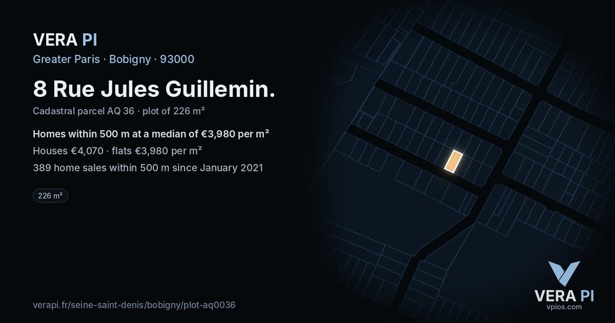 8 Rue Jules Guillemin, Bobigny at night – the plot lit, the parcels around coloured by the prices near them