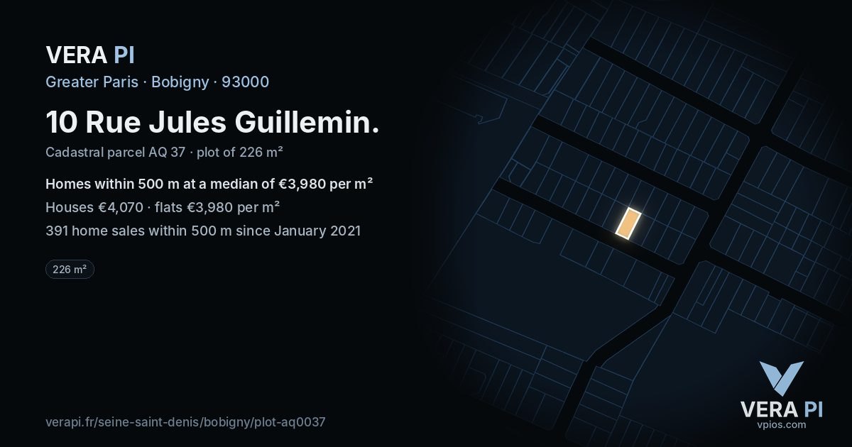 10 Rue Jules Guillemin, Bobigny at night – the plot lit, the parcels around coloured by the prices near them
