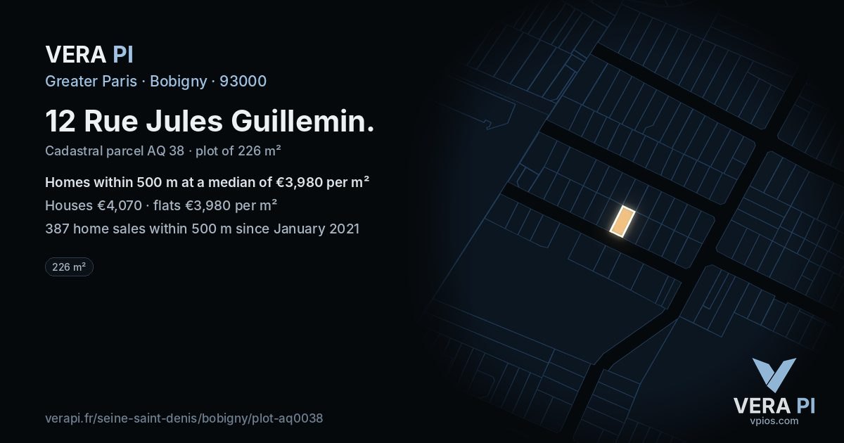 12 Rue Jules Guillemin, Bobigny at night – the plot lit, the parcels around coloured by the prices near them