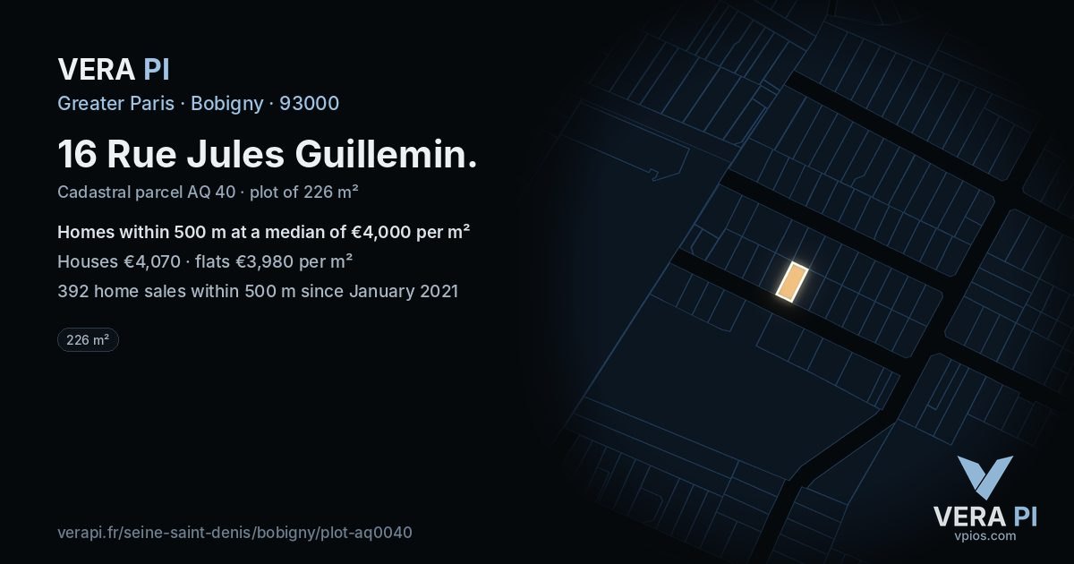 16 Rue Jules Guillemin, Bobigny at night – the plot lit, the parcels around coloured by the prices near them