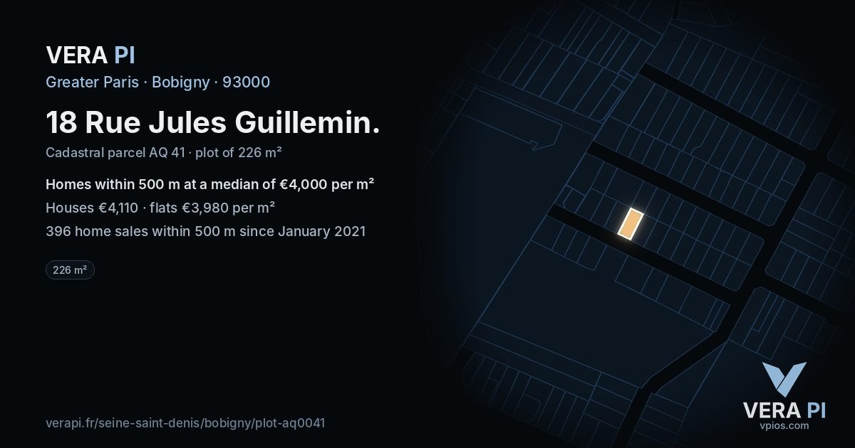 18 Rue Jules Guillemin, Bobigny at night – the plot lit, the parcels around coloured by the prices near them