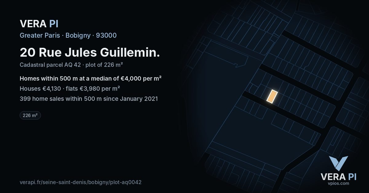 20 Rue Jules Guillemin, Bobigny at night – the plot lit, the parcels around coloured by the prices near them