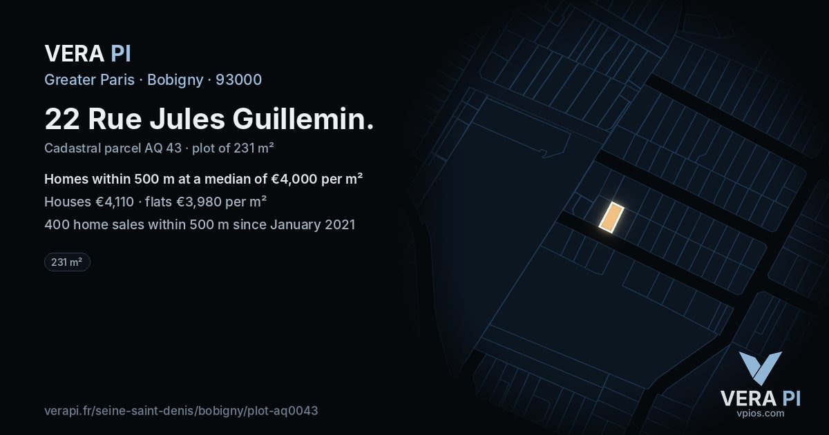 22 Rue Jules Guillemin, Bobigny at night – the plot lit, the parcels around coloured by the prices near them