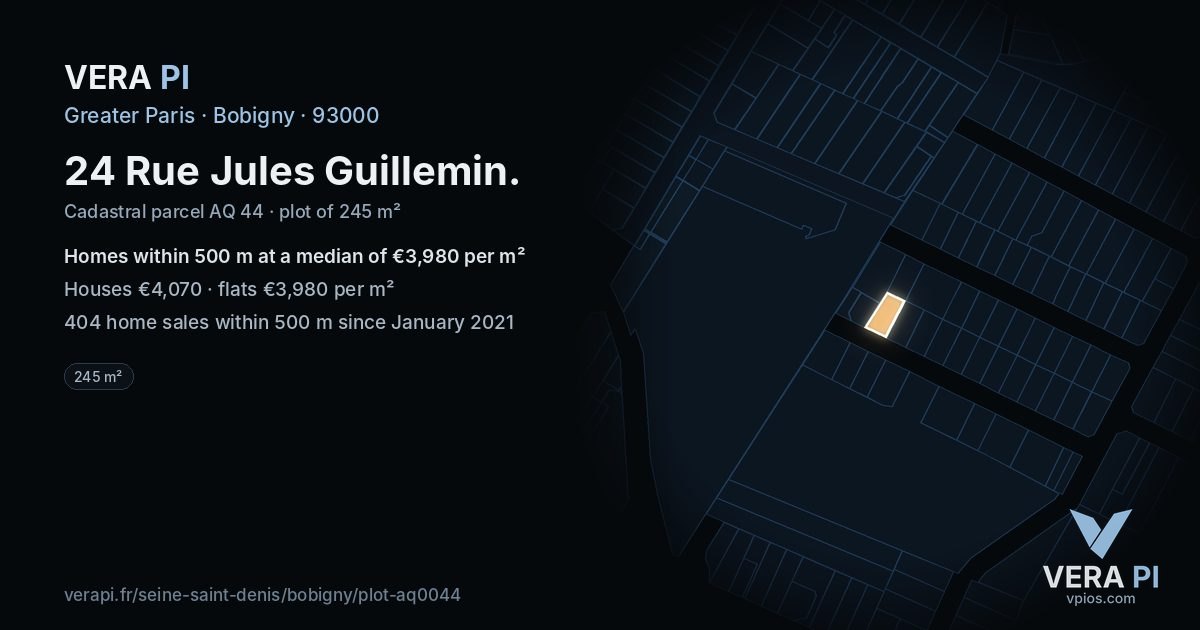 24 Rue Jules Guillemin, Bobigny at night – the plot lit, the parcels around coloured by the prices near them
