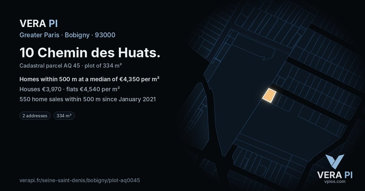 10 Chemin des Huats, Bobigny at night – the plot lit, the parcels around coloured by the prices near them