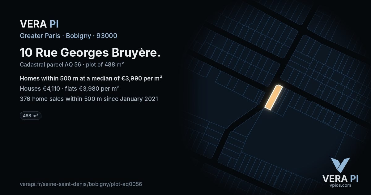 10 Rue Georges Bruyère, Bobigny at night – the plot lit, the parcels around coloured by the prices near them