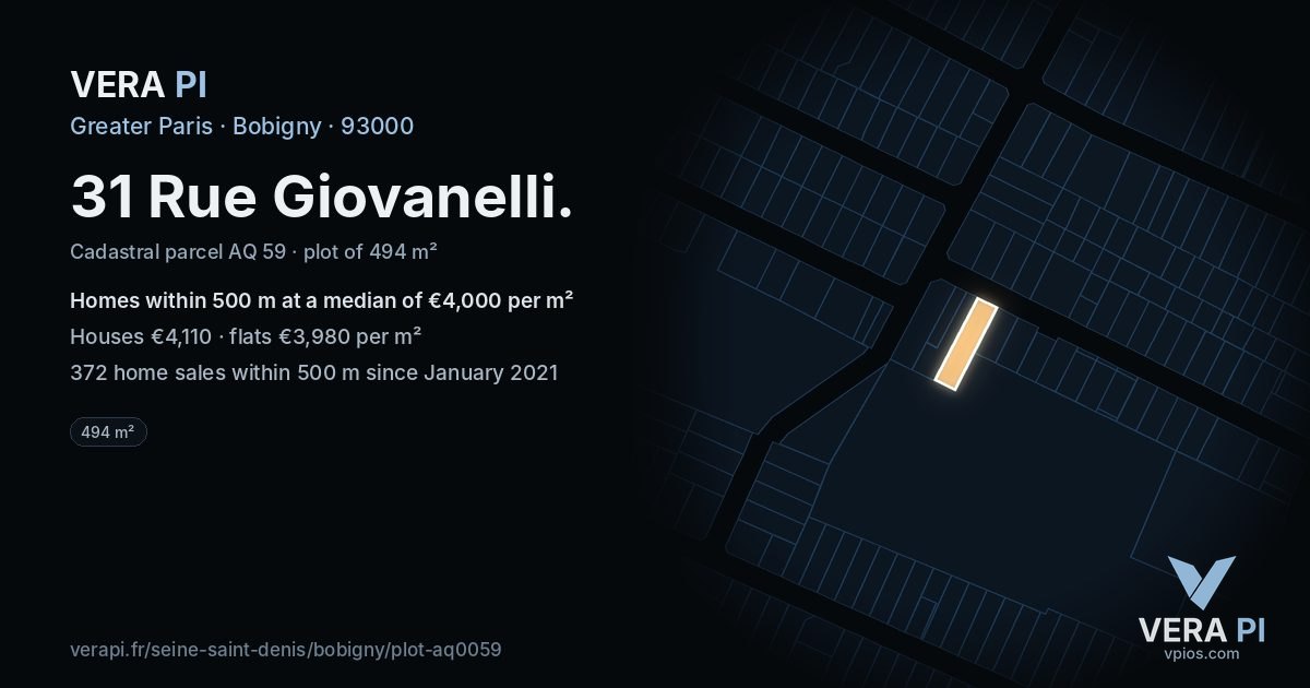 31 Rue Giovanelli, Bobigny at night – the plot lit, the parcels around coloured by the prices near them