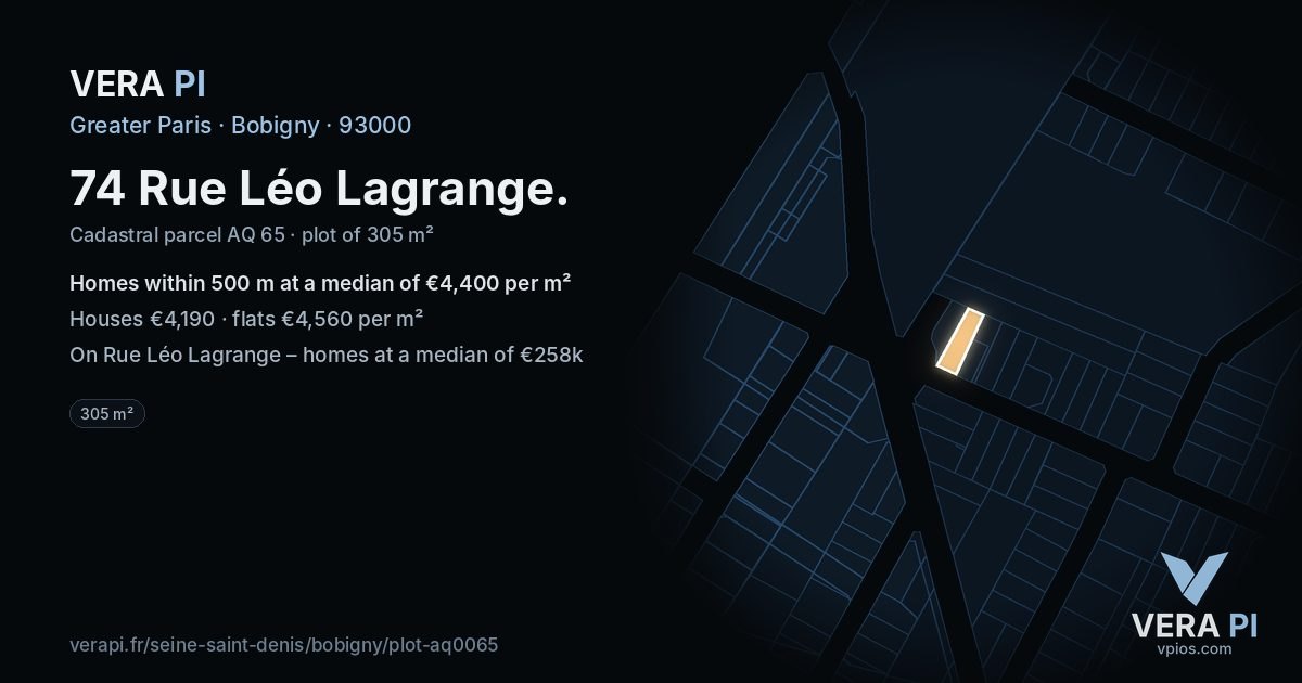 74 Rue Léo Lagrange, Bobigny at night – the plot lit, the parcels around coloured by the prices near them