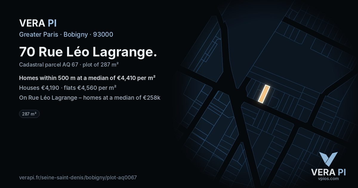 70 Rue Léo Lagrange, Bobigny at night – the plot lit, the parcels around coloured by the prices near them