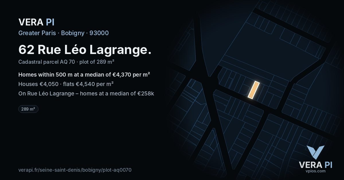 62 Rue Léo Lagrange, Bobigny at night – the plot lit, the parcels around coloured by the prices near them