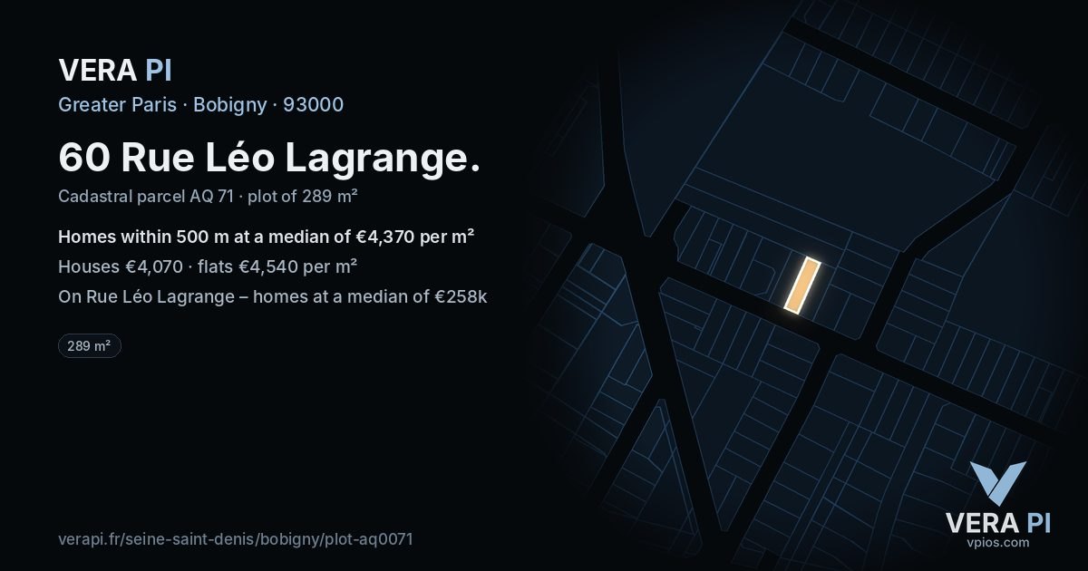 60 Rue Léo Lagrange, Bobigny at night – the plot lit, the parcels around coloured by the prices near them