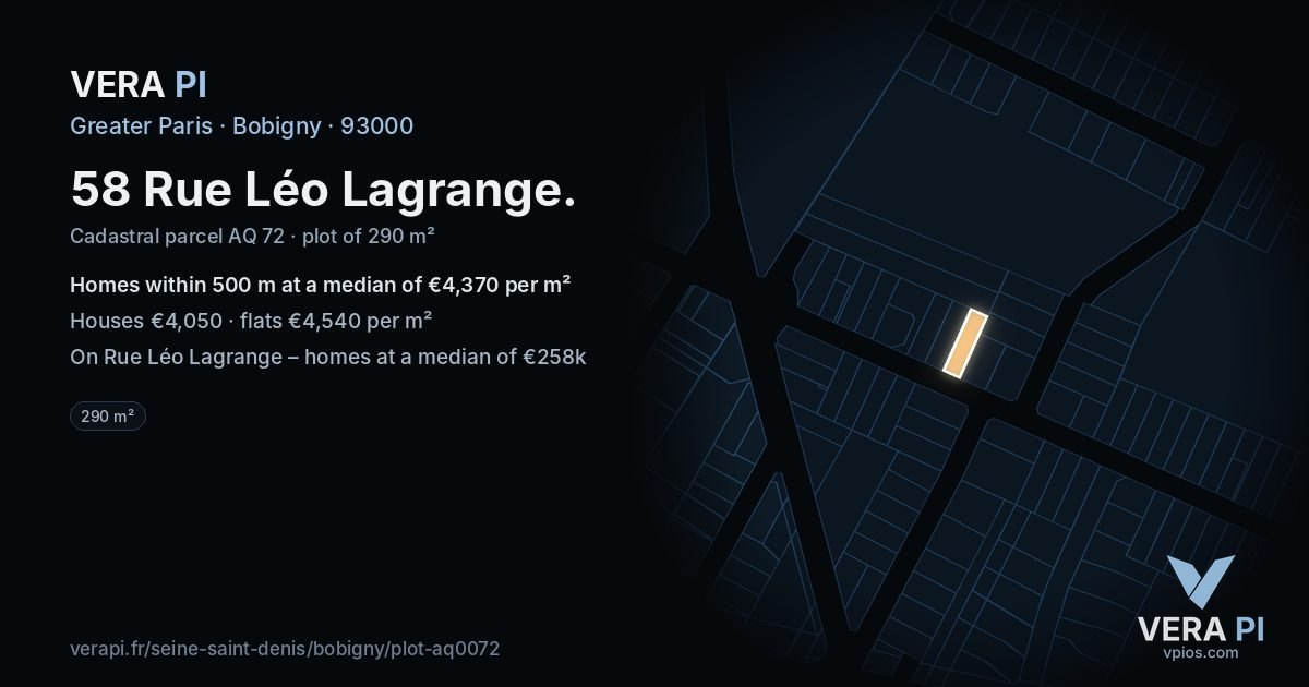 58 Rue Léo Lagrange, Bobigny at night – the plot lit, the parcels around coloured by the prices near them