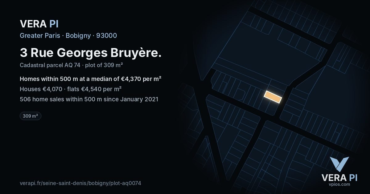 3 Rue Georges Bruyère, Bobigny at night – the plot lit, the parcels around coloured by the prices near them