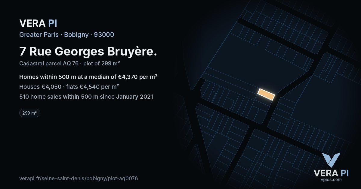 7 Rue Georges Bruyère, Bobigny at night – the plot lit, the parcels around coloured by the prices near them